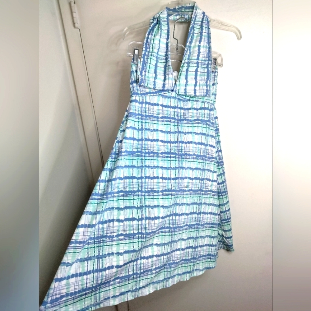 Title Nine (Size M) Multicolored Plaid Pattern V-Neck Halter Smock Upper Dress
